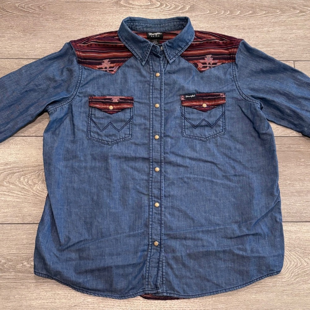 Wrangler Retro Western Shirt Womens Large Blue Denim Aztec Southwestern Snap Up